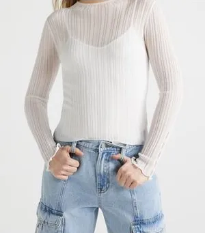 Scoop Womens Sweater Size M Bright White Sheer Pullover Long Sleeve Lightweight thumbnail 1