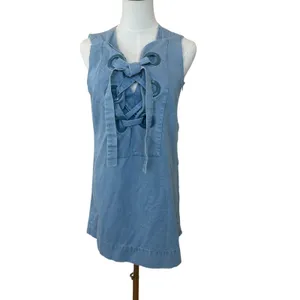 English Factory Denim Lace Up Mini Dress SMALL Shift Light Wash Western $110 thumbnail 7