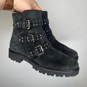 M.Gemi Black‎ Suede Studded Triple Buckle Moto Boots Made in Italy Size 38 thumbnail 1