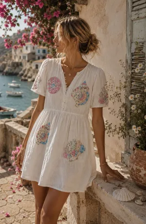 Sea New York Zara 100% Cotton White Seashell Patch Mini Dress Size 11 - 12 thumbnail 1