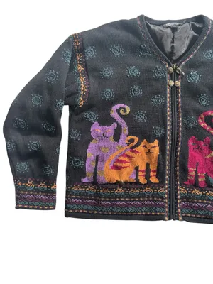 Vintage Cat Knit Sweater Jacket Sz L Novelty Folk Art Granny Cottage Whimsigoth thumbnail 2