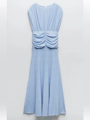 Zara ruched pleated knit Light Blue Midi Dress, stretchy thumbnail 12