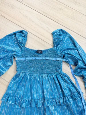 VICI Teal Metallic Stripe Tiered Mini Dress Smocked Puff Sleeve NWOT Size M thumbnail 5