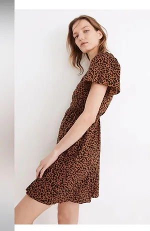 NWT Madewell Flutter-Sleeve Wrap Mini Dress in Painted Leopard Medium thumbnail 7