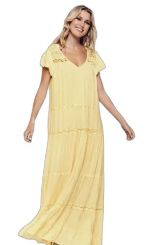 POL Maxi Dress Size Large Butter Yellow Tiered Lace Boho Peasant thumbnail 1