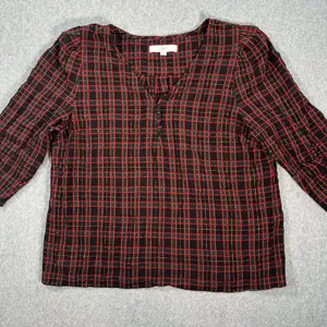 LOFT Shimmer Holiday Plaid Shirred V-Neck Blouse Women's Large 3/4 Sleeve thumbnail 1