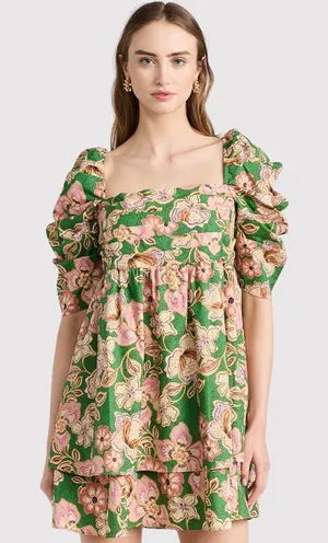 Misa Dress Green Kate Mini Ruched Puffed Floral Pintuck Tie Back A Line Boho XS thumbnail 1