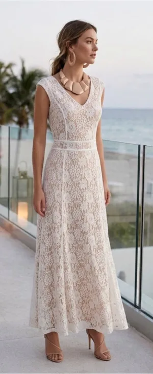 White Lace Overlay Maxi Dress V-Neck Nude Lining Resort Vacation Formal Boho M thumbnail 1