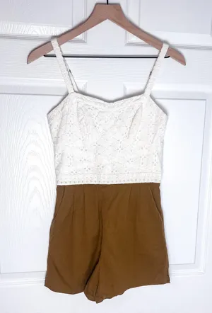 Anthropologie Mermaid White and Tan Lace Romper thumbnail 1
