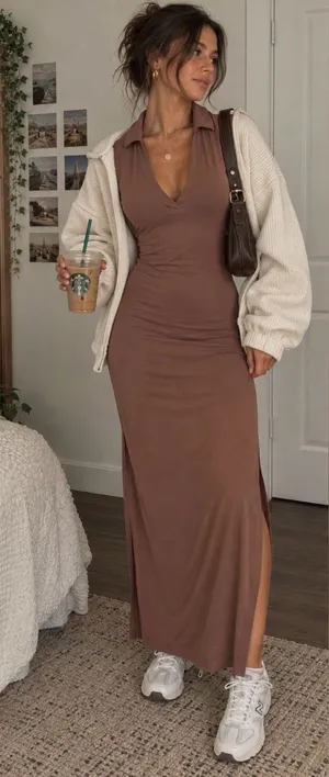 Haute Monde Chocolate Brown Polo Collar Maxi Dress thumbnail 1