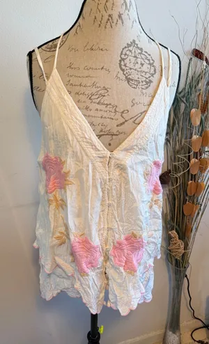 Free People Womens White Pink Rose Embroidered Boho‎ Button Front Cami Top M thumbnail 1