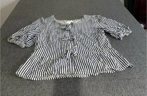 Japna Blue White Striped Tie Front Bow Puff Short Sleeve Square Neck Blouse M thumbnail 1