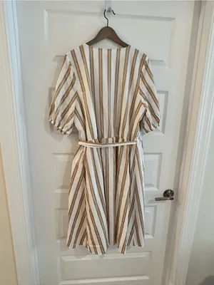 Ann Taylor Striped Wrap Dress Puff Sleeves Tan White Size XXL thumbnail 10