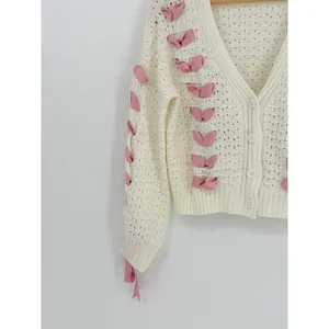 Ribbon Lace Up‎ Cardigan Womens Large Cream Pink Coquette Pointelle Knit Chunky thumbnail 5