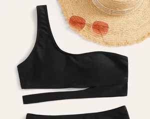 SheIn one shoulder black bikini top thumbnail 1