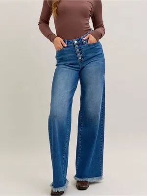 Judy Blue High Rise Exposed Button Fly Wide Leg Raw Hem Jeans Size 11/30 thumbnail 2