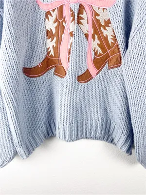 BAEVELY Blue Chunky Knit Cowgirl Boots Graphic Drop Shoulder Sweater Size Medium thumbnail 9