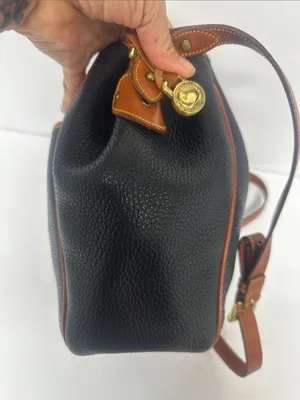 Dooney & Bourke Black Pebbled Leather Drawstring Bucket Bag with Tan Trim thumbnail 4