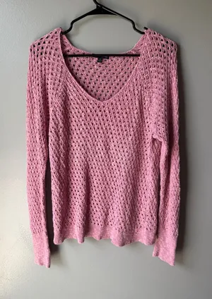 Y2K American Eagle Pink Open Knit V-Neck Sweater Women’s Large Boho Beachy thumbnail 1