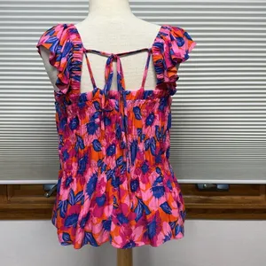 Rose & Olive NWT Pink Floral Print Smocked Wide Ruffle Strap Top Size Small thumbnail 5