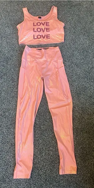 Electric Yoga pink sparkle set top with bra (large) and leggings medium) $160 thumbnail 1