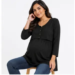 Times Two Maternity Womens Nursing Top Size L Black Double Front 3/4 Sleeve thumbnail 3