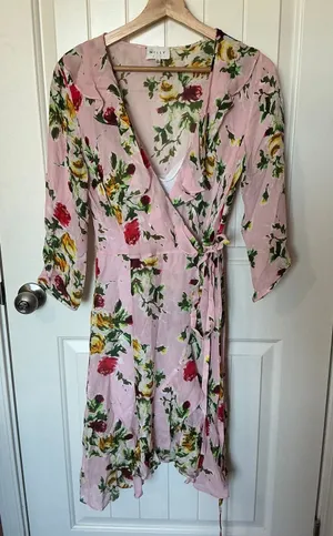 Milly Audrey Dress in Petal Silk Wrap Mini Dress W6 Pink/Green thumbnail 1
