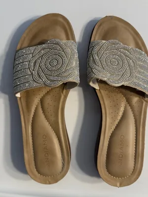 Andiamo "Abandy" Women's Tan Slide Sandals with Silver Bling Embellished Strap 9 thumbnail 1