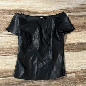 Theory black off the shoulder leather top thumbnail 3