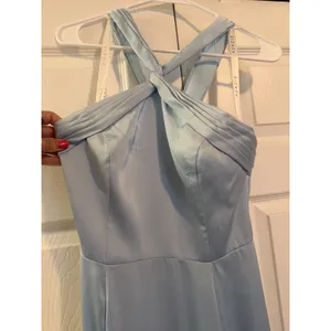 Azazie Rue Sky Blue Mermaid Pleated Metallic Satin Dress A6 Size 6 New with Tags thumbnail 5