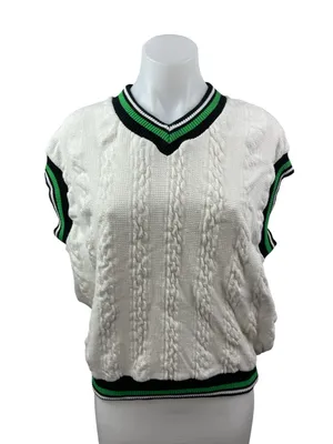 Zara Womens White Cable Knit V Neck Sleeveless Cricket Tennis Sweater Vest Top M thumbnail 1