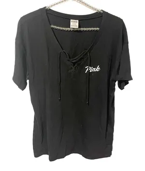 Victorias Secret Pink Medium Black Spellout Lace Up‎ Neck Short Sleeve Top thumbnail 1