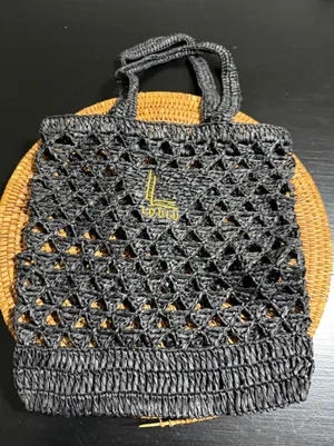 Loulou Studio Black Woven Raffia Tote Bag Embroidered Logo Summer Beach Bag thumbnail 1