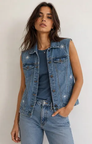 Baccini Embellished Denim Vest Sleeveless Jean Jacket Sequin Stars Size Large thumbnail 1