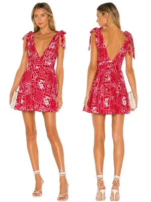 House of Harlow 1960 Linen Bandana Print Mini Dress Women Medium Red Bow Revolve thumbnail 2