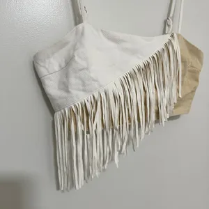 Le Lis Collection | Woman's Two Tone White Tan Ribbed Fringe Crop‎ Top, Size L thumbnail 5