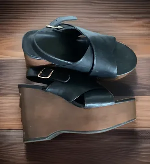 Patent Leather Black Platform Sandals with Faux Wooden Heel Size 6 thumbnail 1