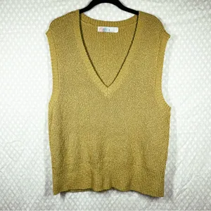 Free People Beach Green Yellow Knit Penny V Neck Sweater‎ Vest thumbnail 2