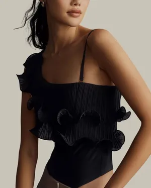 By Anthropologie Pleated Ruffle Bodysuit Black One Shoulder Large NWT Chic thumbnail 1