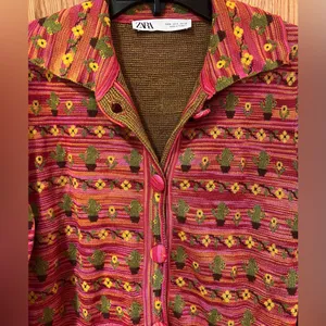 ZARA Cactus Flower Jacquard Knit Lightweight Cardigan‎ Sweater Jacket Size Small thumbnail 8