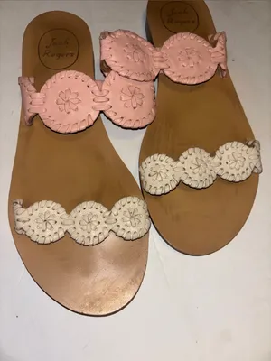 Jack Rogers Pink And Off White Leather Straps Floral Design Size 7.5 Preloved thumbnail 2