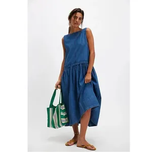 Free People XL Retro 90s Soraya Light Denim Sky Drop Waist Midi Jumper Dress thumbnail 9