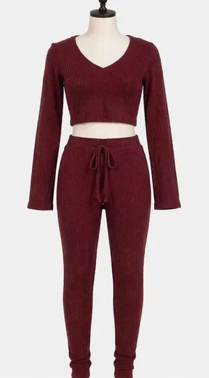 SHEIN Burgundy Ribbed Crop Top & Leggings Set | Size S | NWOT thumbnail 1