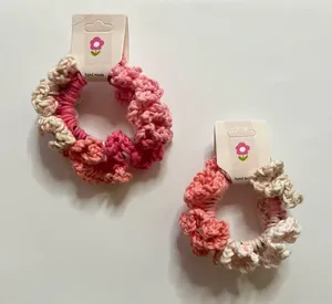 Handmade Crochet Ruffle Hair Scrunchie Pink Blush Cream Cotton Cottagecore NWT thumbnail 1
