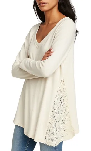 Free People No Frills Pullover Top Cream Lace Insert Vneck Sweatshirt‎ Small thumbnail 1