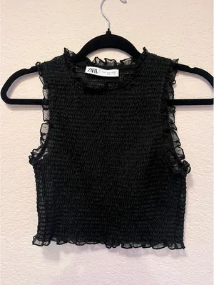 Zara Black‎ Smocked Sleeveless Ruffle Trim Crop Top thumbnail 2