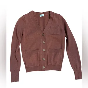 100% Merino‎ Wool Cardigan Sweater Brown Button Front Pocket Classic Sz XS thumbnail 3