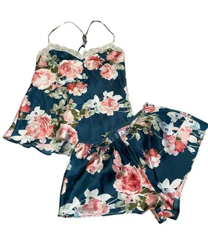 Floral Satin Cami & Shorts Pajama Set - Teal with Pink Roses thumbnail 1