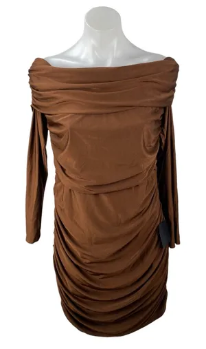 NEW Lulus Brown Ruched Draped Off the Shoulder Long Sleeve Mini Bodycon Dress XL thumbnail 1