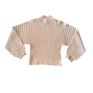 Free People Mock Neck Sweater Womens Medium Tan White Striped Ribbed Knit Dolman thumbnail 5